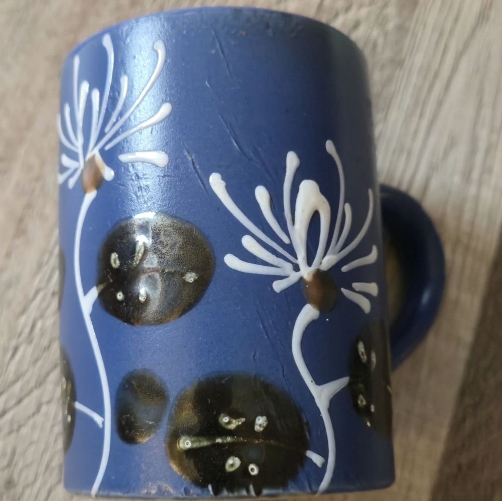 Mike Studio Pottery Signed Blue Dandelion Coffee Mug Ceramic Hand Thrown Cup